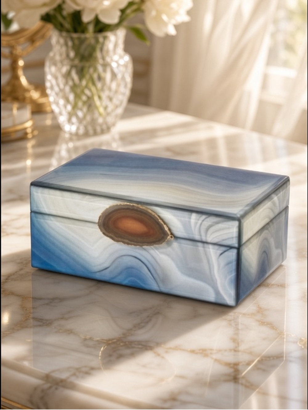 Jewelry Box  Blues MARBLED GLASS - HEAVY- Beautiful Accent